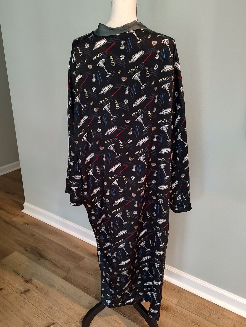 VTG Nicole Miller Silk Robe Martinis Bar Black Long NO TIE SASH L - Picture 5 of 7
